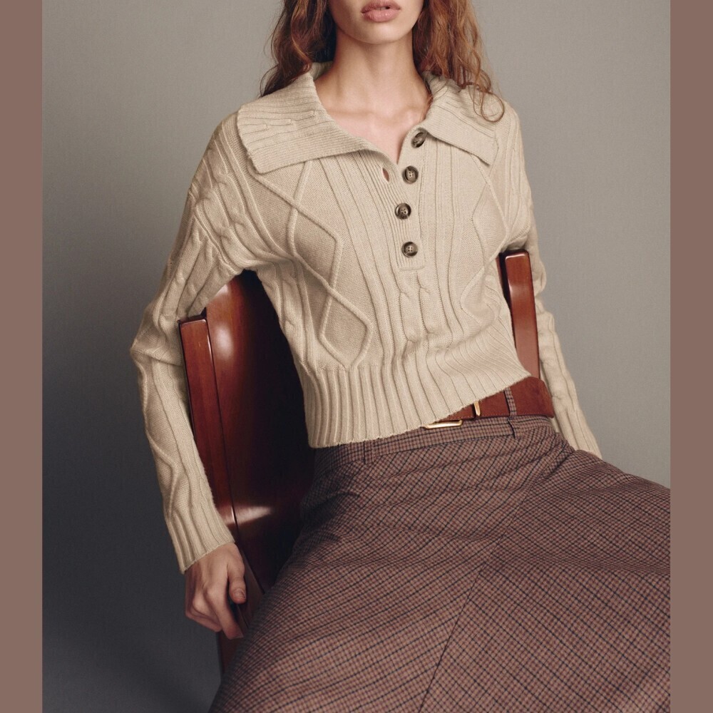Tan Cable Knit Button Front Collared Crop Polo Sweater
